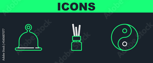 Set line Yin Yang, Sauna hat and Aroma diffuser icon. Vector