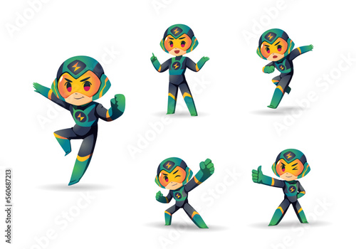 Black Green Helmet color Super hero robot mascot character set	
