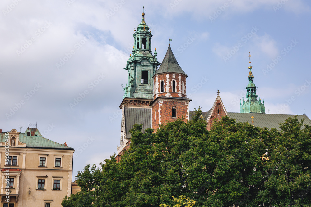 Towers of Wawel Cathedral in Wawel Royal Castle in Krakow city, Lesser Poland Voivodeship of Poland