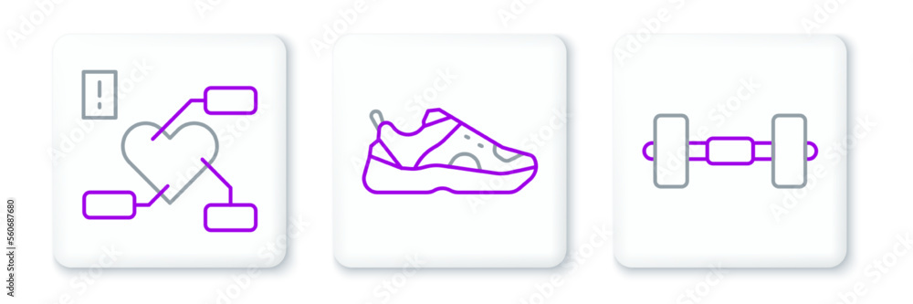 Set line Dumbbell, Attention to health heart and Sport sneakers icon. Vector Set line Dumbbell, Attention to health heart and Sport sneakers icon. Vector