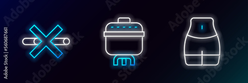 Set line Women waist, No Smoking and Cooking pot icon. Glowing neon. Vector