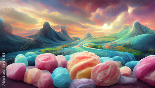 3D art, Colorful pastel candy landscape as fantasy background