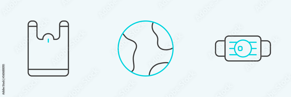 Set line Medical protective mask, Plastic bag and Earth globe icon. Vector Set line Medical protective mask, Plastic bag and Earth globe icon. Vector