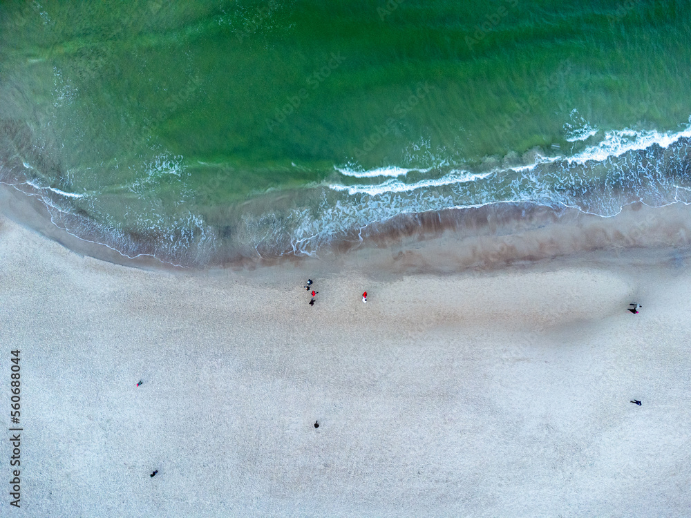 Aerial view. Seascape, beach, sand, sea, water, empty beach, winter time, nature.