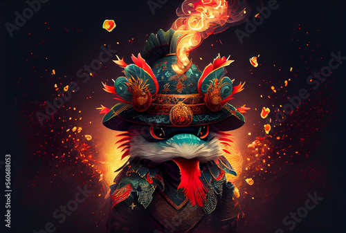Chinese cute dragon with fire fireworks at celebration party background. Generative AI
