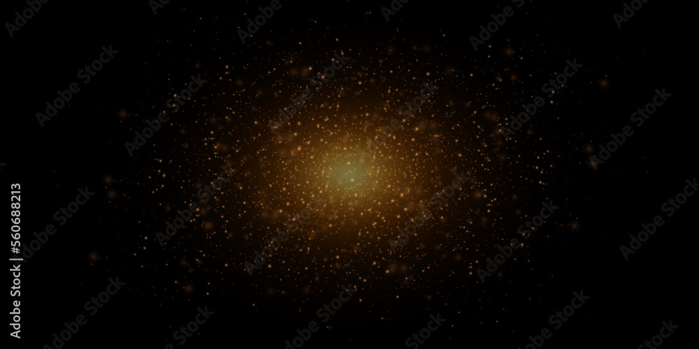 Vector bright space explosion. Golden burst of light with sparks. Abstract glowing magical dust isolated on black background. Lights effects. Flare and glare.