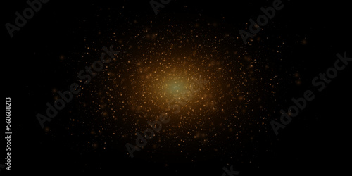 Vector bright space explosion. Golden burst of light with sparks. Abstract glowing magical dust isolated on black background. Lights effects. Flare and glare.