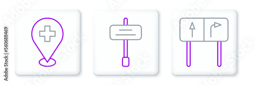Set line Road traffic sign, Medical location with cross and icon. Vector