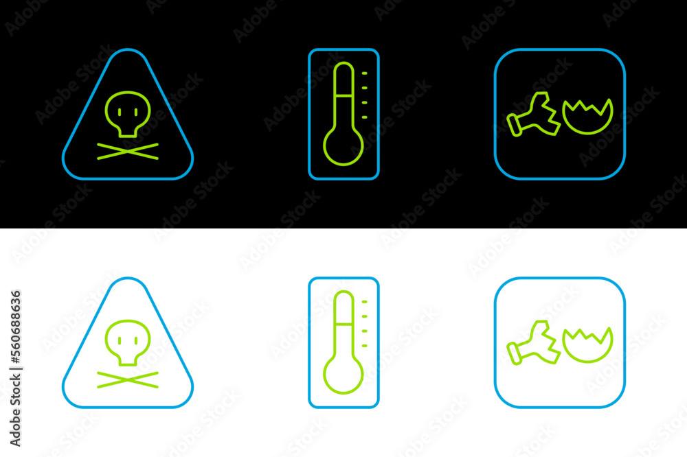 Set line Broken flask, Triangle warning toxic and Medical thermometer icon. Vector Set line Broken flask, Triangle warning toxic and Medical thermometer icon. Vector