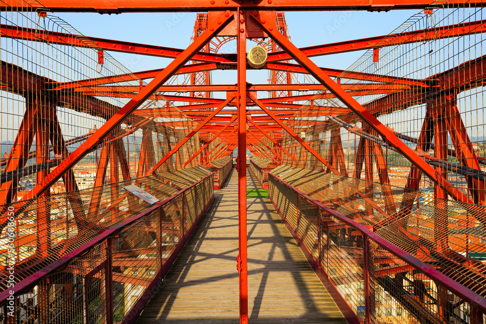 The red Biscay Suspension Bridge