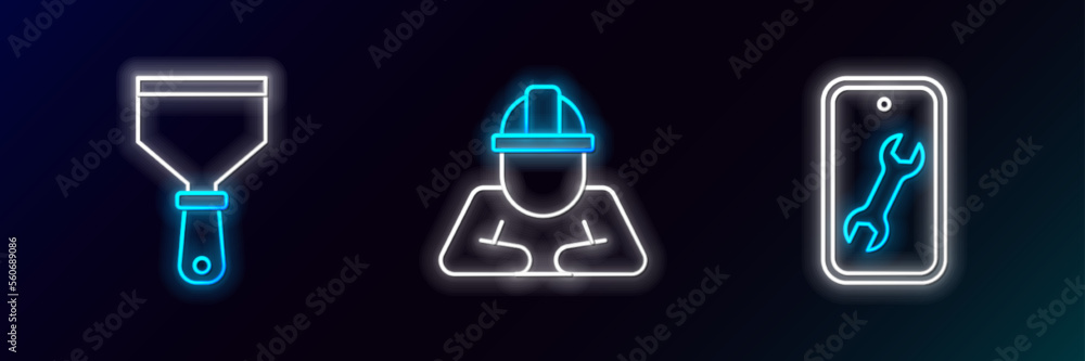 Set line Mobile service, Putty knife and Builder icon. Glowing neon. Vector Set line Mobile service, Putty knife and Builder icon. Glowing neon. Vector