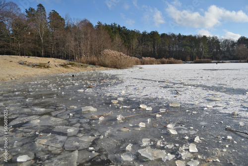 Ice-covered forest lake against the backdrop of a forest and a sunny winter blue sky
