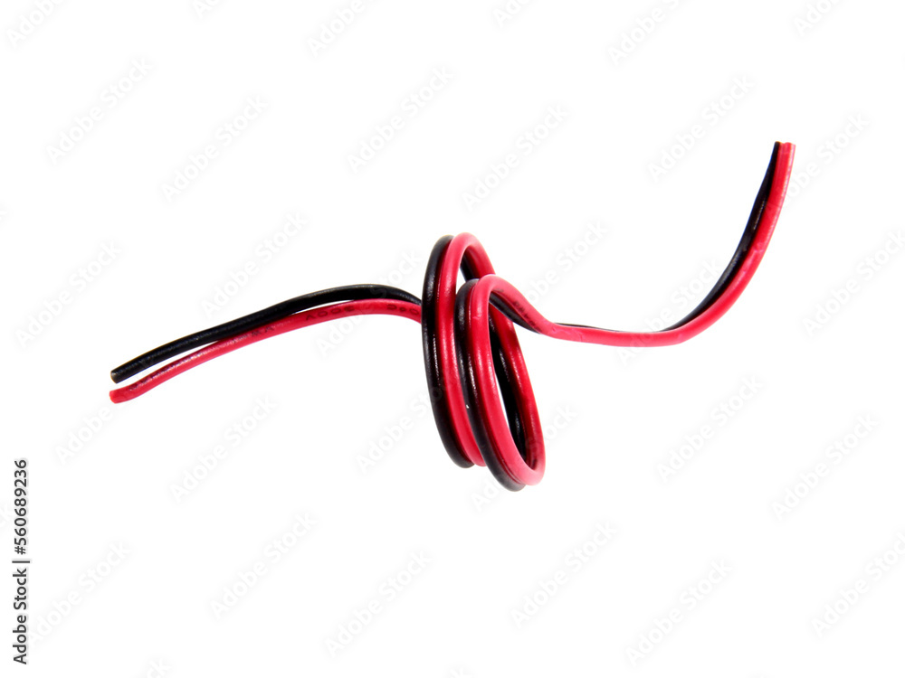 Black and red wire cable of usb and adapter isolated on white