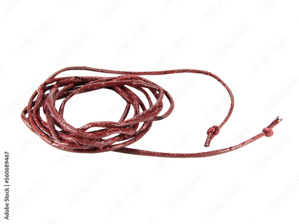 Leather rope tied together in a circle isolated on white background.Electronic Connector.Selection focus. Leather rope tied together in a circle isolated on white background.Electronic Connector.Selection focus.