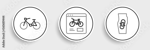 Set line Plaster on leg, Bicycle and rental mobile app icon. Vector