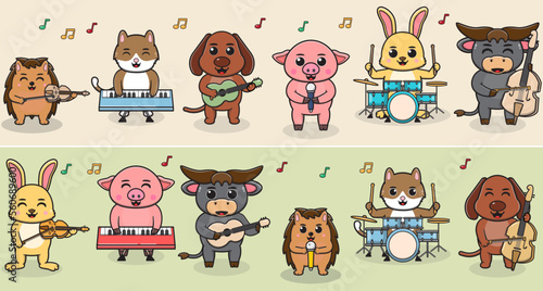 Cartoon Domestic animal play music band. Cat, Dog, Pig, Rabbit, Buffalo and Hedgehog. Illustration set with different animals. Animals playing music instruments. 