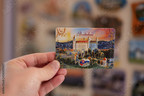 Bratislava Slovakia souvenir refrigerator magnet at hand.