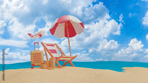 Summer holiday beach vacation and air travel concept, Summer sale design on the beach bright color background layout banners. refreshing sale template and copy space for product.3d render illustration
