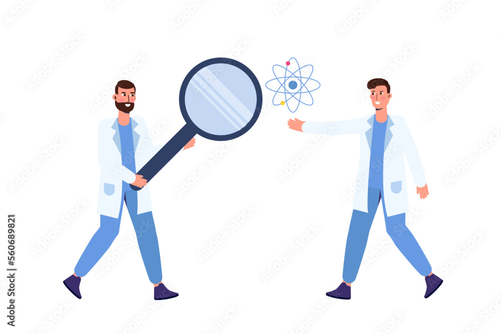 Man scientists showing atomic model. Vector illustration. Man scientists showing atomic model. Vector illustration.