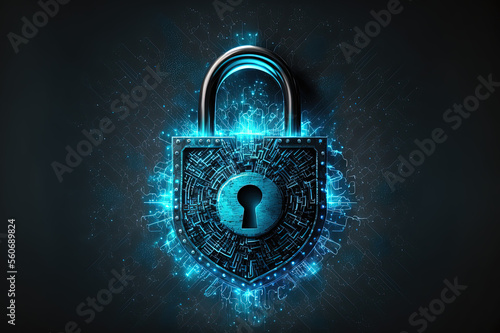 Lock symbol with cybersecurity network connections, digital protection concept, blue beams, information, protection of personal information. Generative AI.