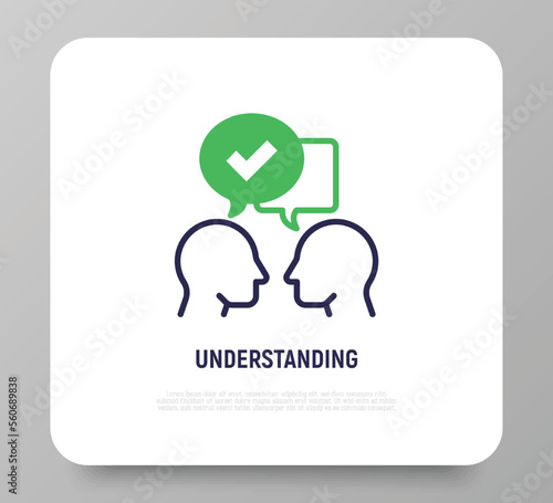 Communication and understanding each other thin line icon: two silhouettes of heads with speech bubbles with check mark. Social interaction. Modern vector illustration.
