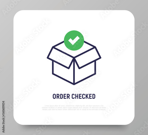 Order checked: open package with check mark. Thin line icon. Modern vector illustration for delivery service.