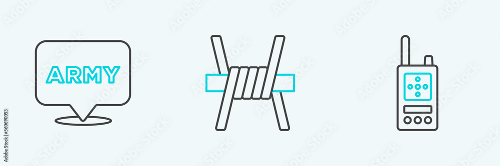 Set line Walkie talkie, Military army and Barbed wire icon. Vector Set line Walkie talkie, Military army and Barbed wire icon. Vector