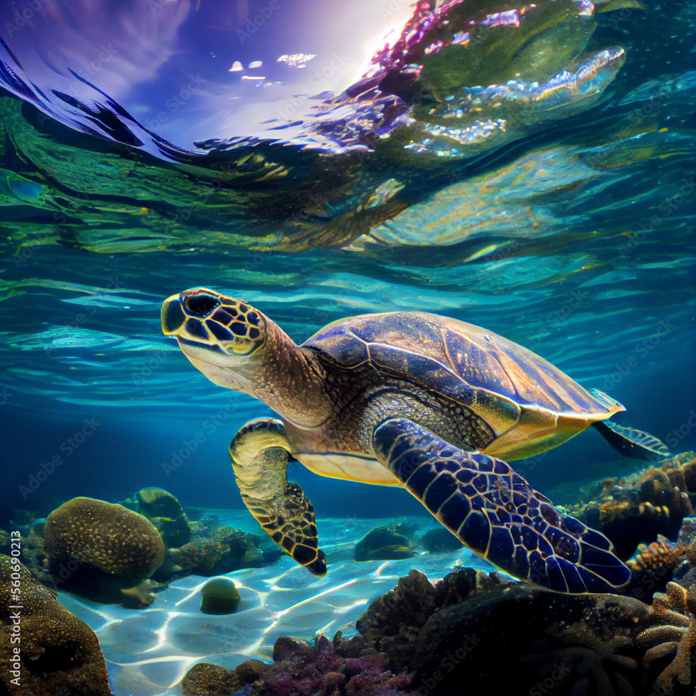 Fototapeta premium Beautiful Green Sea Turtle Swimming in Tropical Island Reef. Generative Ai