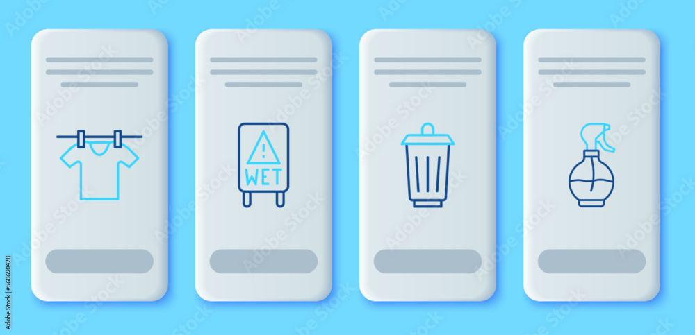Set line Wet floor, Trash can, Drying clothes and Water spray bottle icon. Vector Set line Wet floor, Trash can, Drying clothes and Water spray bottle icon. Vector