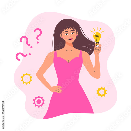 Woman with light bulb find good idea. Solution of the problem, Brainstorming, Inspiration concept.