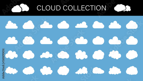 collection of white puffy cloud symbols isolated on blue background, icon set vector illustration