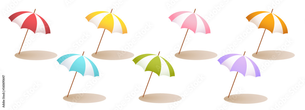 set of colorful beach umbrella isolated on white background in flat style. Cartoon vector illustration 	