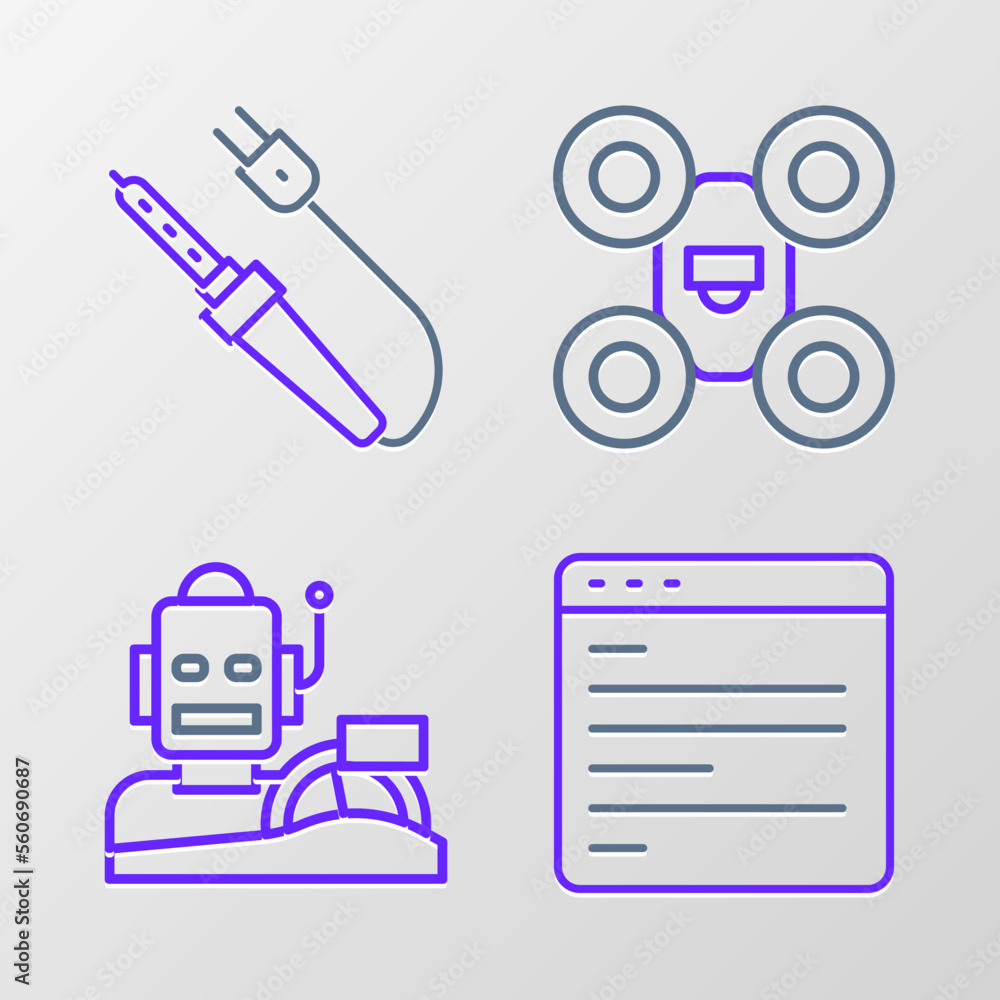 Set line Computer api interface, Robot humanoid driving car, Drone and Soldering iron icon. Vector Set line Computer api interface, Robot humanoid driving car, Drone and Soldering iron icon. Vector