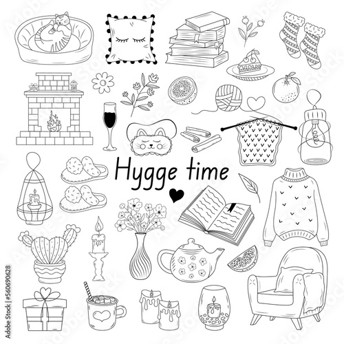 Big set of hygge icons. Warm and cozy things. Hand drawn illustration in doodle style.