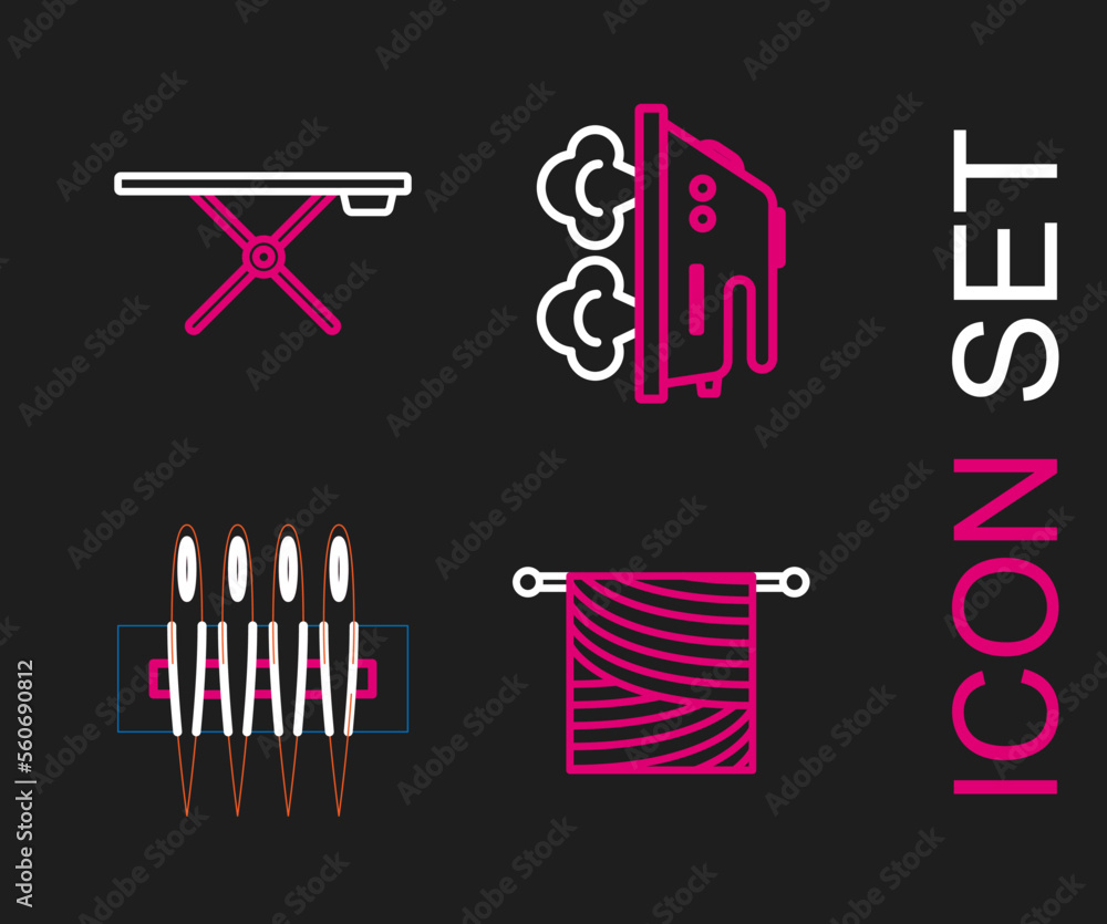 Set line Knitting, Needle for sewing, Electric iron and Ironing board icon. Vector Set line Knitting, Needle for sewing, Electric iron and Ironing board icon. Vector