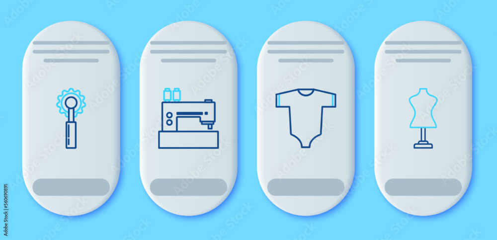 Set line Sewing machine, Baby clothes, Cutter tool and Mannequin icon. Vector Set line Sewing machine, Baby clothes, Cutter tool and Mannequin icon. Vector