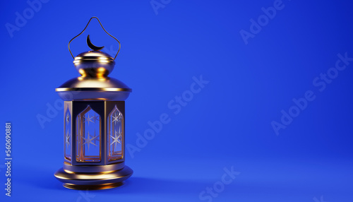 Ramadan background with golden lantern and copy space, 3d rendering illustration. Muslim Holy Month Ramadan Kareem wallpaper design.