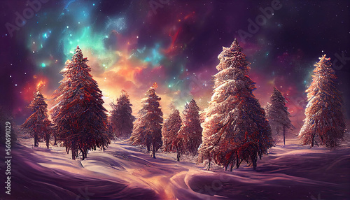 3D art, Magical trees with snow in winter forest at christmas night © Mukhlesur
