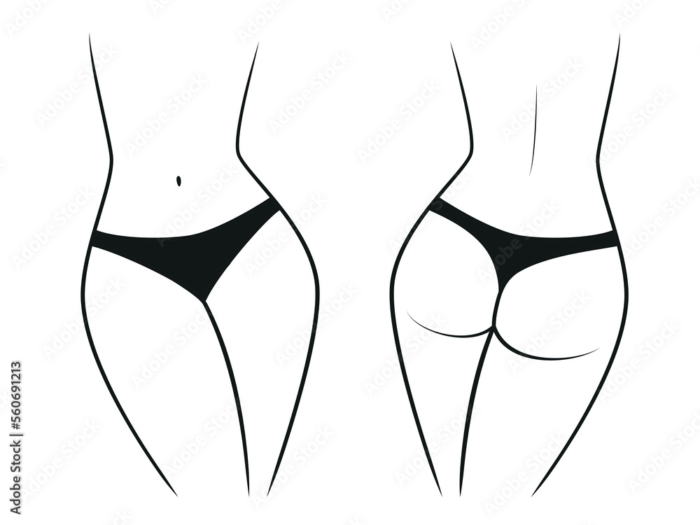 Silhouette of a female figure in thong panties - front and back view. Vector illustration isolated on white background - obrazy, fototapety, plakaty 