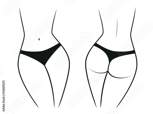 Silhouette of a female figure in thong panties - front and back view. Vector illustration isolated on white background