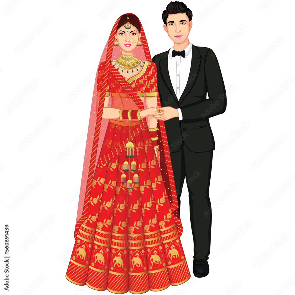 Indian Wedding Couple Standing wearing Suite and lehenga