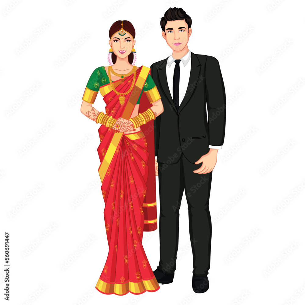 South Indian Wedding Couple Standing wearing Silk Saree and Suite South Indian Wedding Couple Standing wearing Silk Saree and Suite