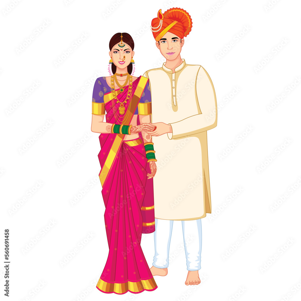 Indian Wedding Couple Standing wearing Silk Saree and Kurta