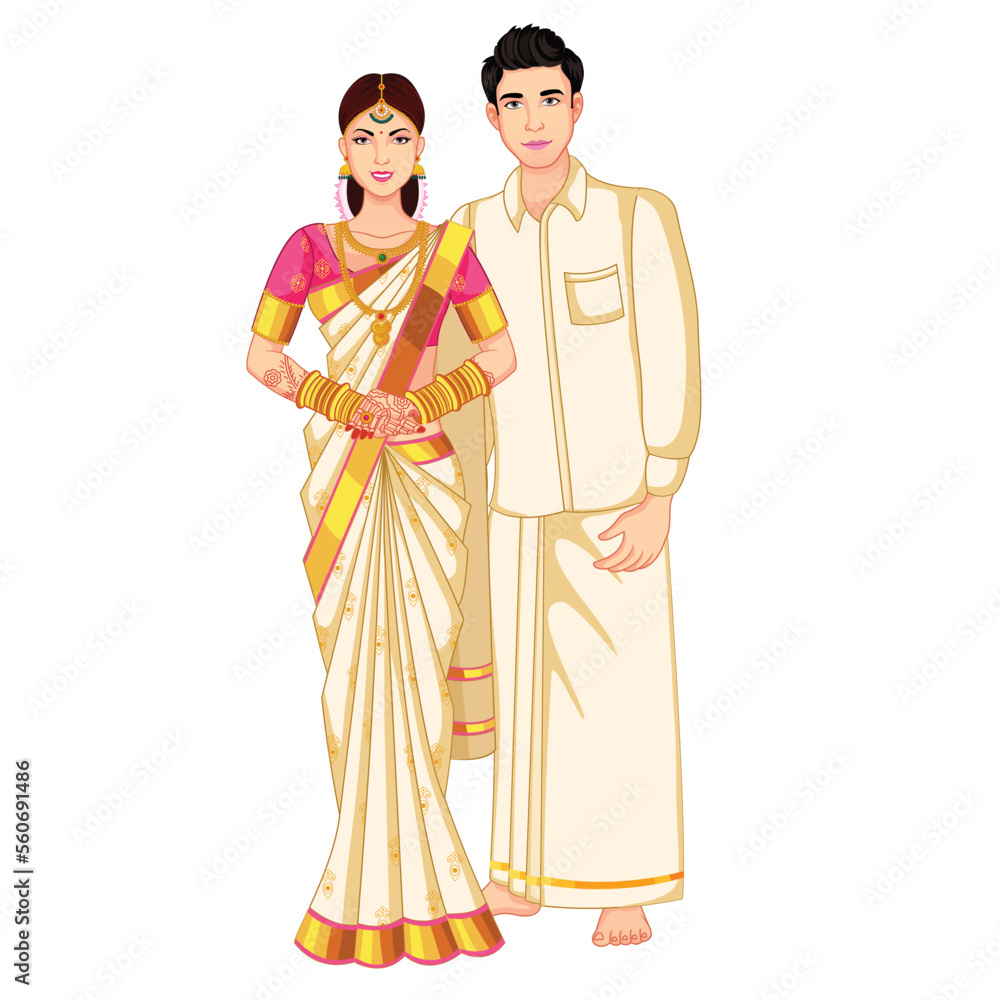 South Indian Wedding Couple Standing wearing Silk Saree and veshti South Indian Wedding Couple Standing wearing Silk Saree and veshti