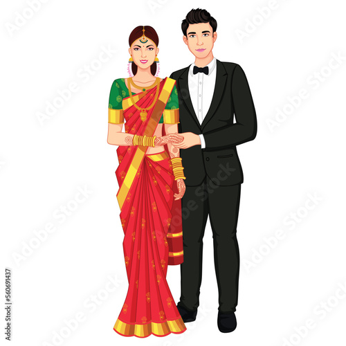South Indian Wedding Couple Standing wearing Silk Saree and Suite
