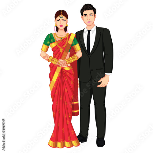 South Indian Wedding Couple Standing wearing Silk Saree and Suite