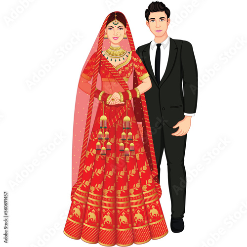 Indian Wedding Couple Standing wearing Suite and lehenga