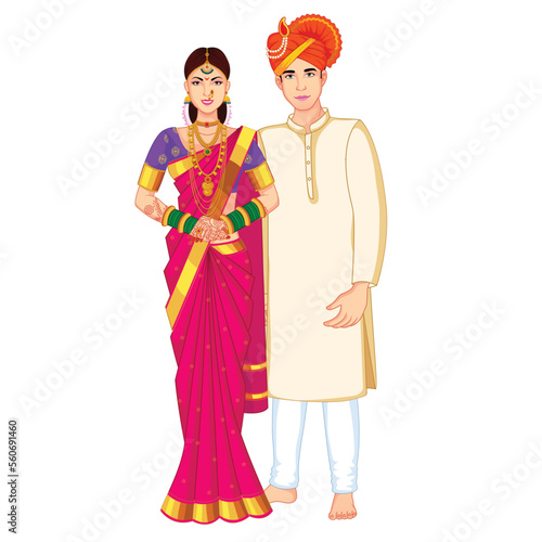 Indian Wedding Couple Standing wearing Silk Saree and Kurta
