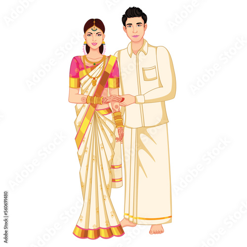 South Indian Wedding Couple Standing wearing Silk Saree and veshti