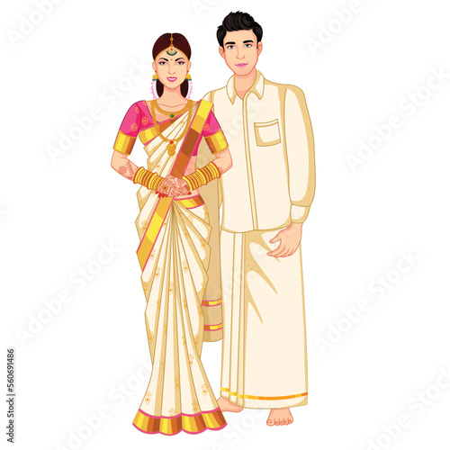 South Indian Wedding Couple Standing wearing Silk Saree and veshti